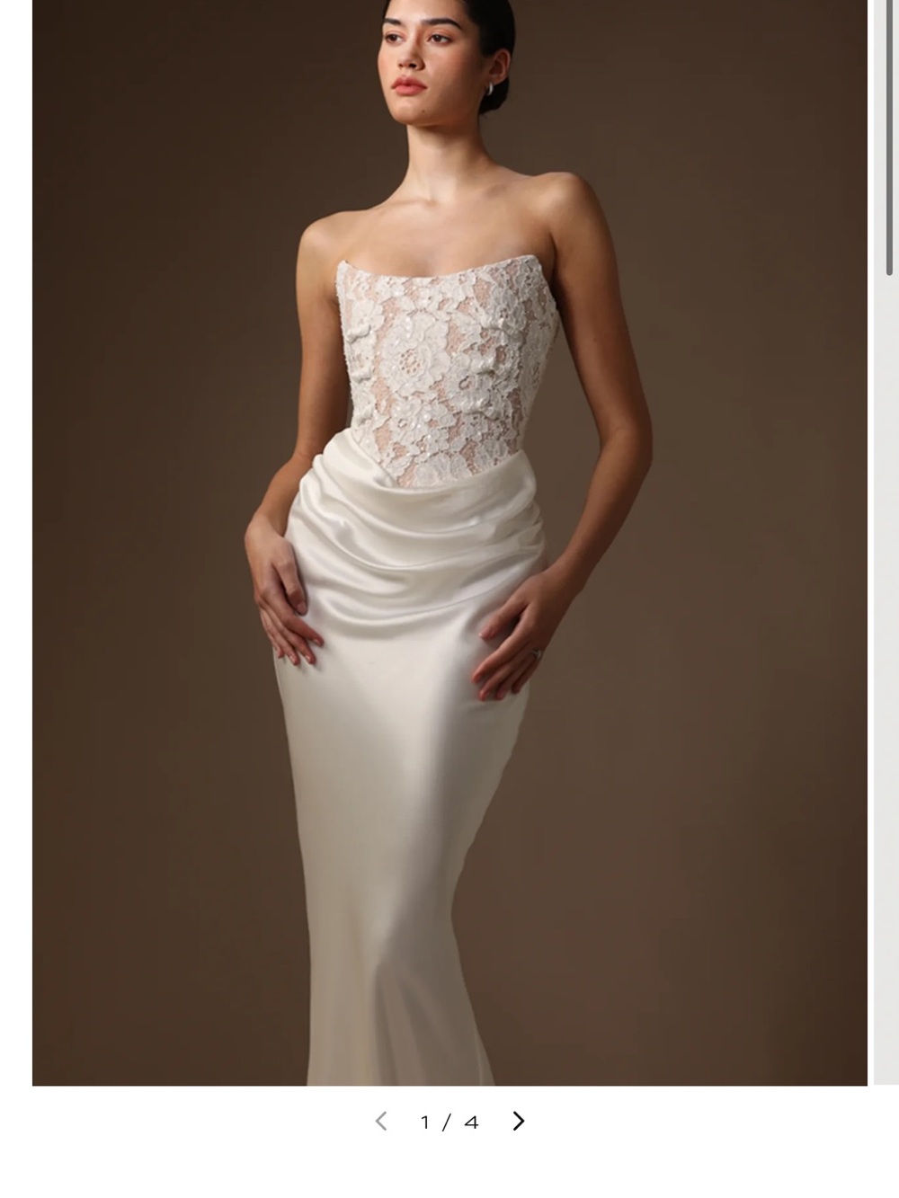 Strapless Lace Bodice Satin Skirt Evening Gown — Cream